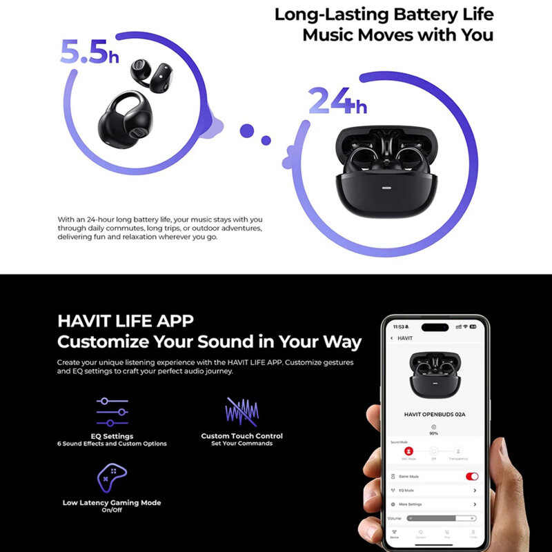Casti wireless Bluetooth cu microfon, ENC Havit, OWS916, negru