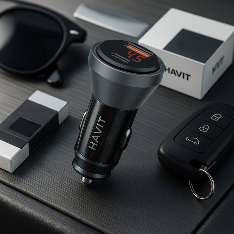 Incarcator auto bricheta Type-C, USB, 45W Havit CC2017, albastru