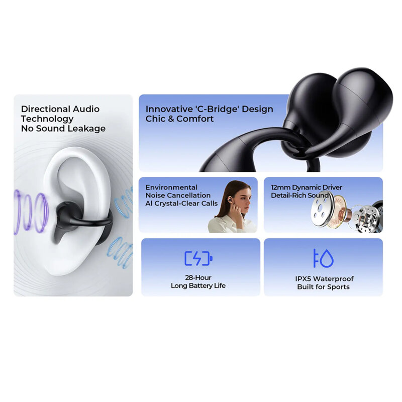 Casti wireless Bluetooth cu microfon Havit, OWS916 LITE, negru