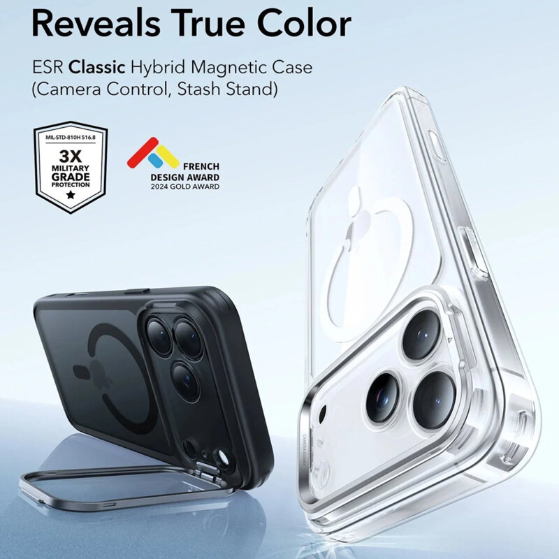 Husa iPhone 17 Pro ESR Classic Hybrid HaloLock Kickstand, negru frost