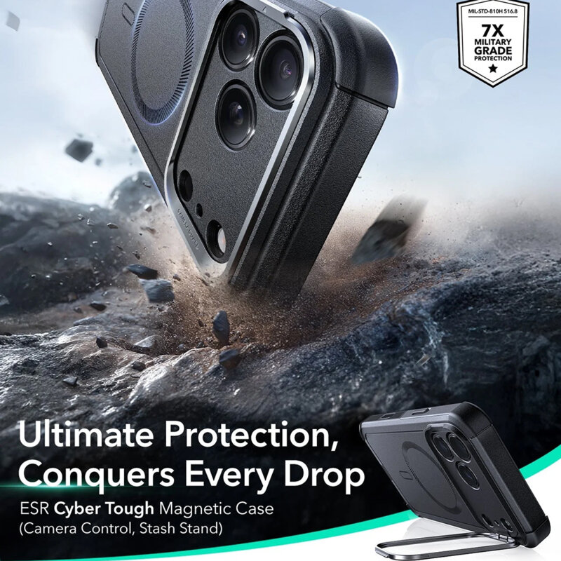 Husa iPhone 17 Pro ESR Cyber Armor Kickstand, negru