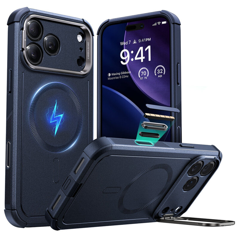 Husa iPhone 17 Pro ESR Cyber Armor Kickstand, albastru