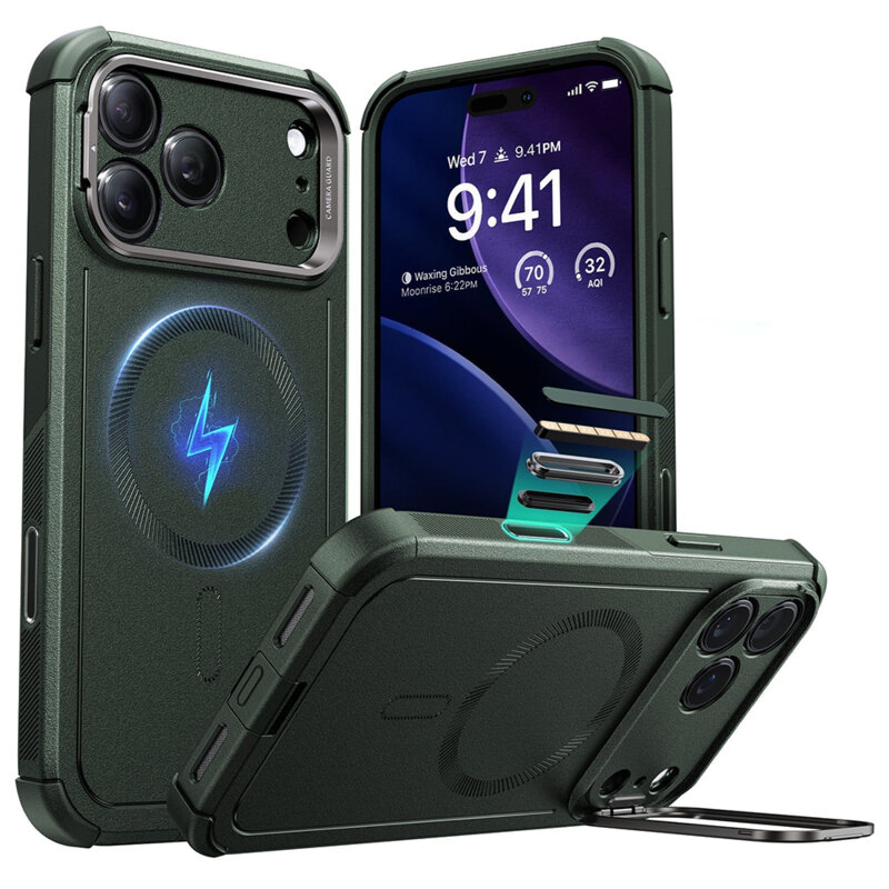 Husa iPhone 17 Pro ESR Cyber Armor Kickstand, verde