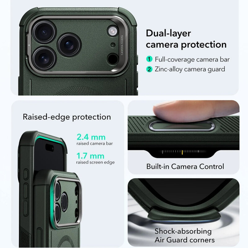 Husa iPhone 17 Pro ESR Cyber Armor Kickstand, verde