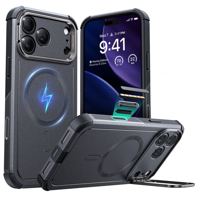 Husa iPhone 17 Pro Max ESR Cyber Armor Kickstand, gri
