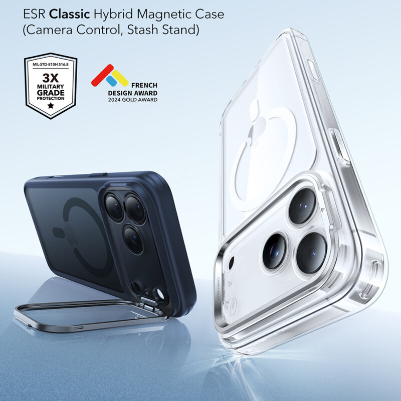 Husa iPhone 17 Pro Max ESR Classic Hybrid HaloLock Kickstand, bleu