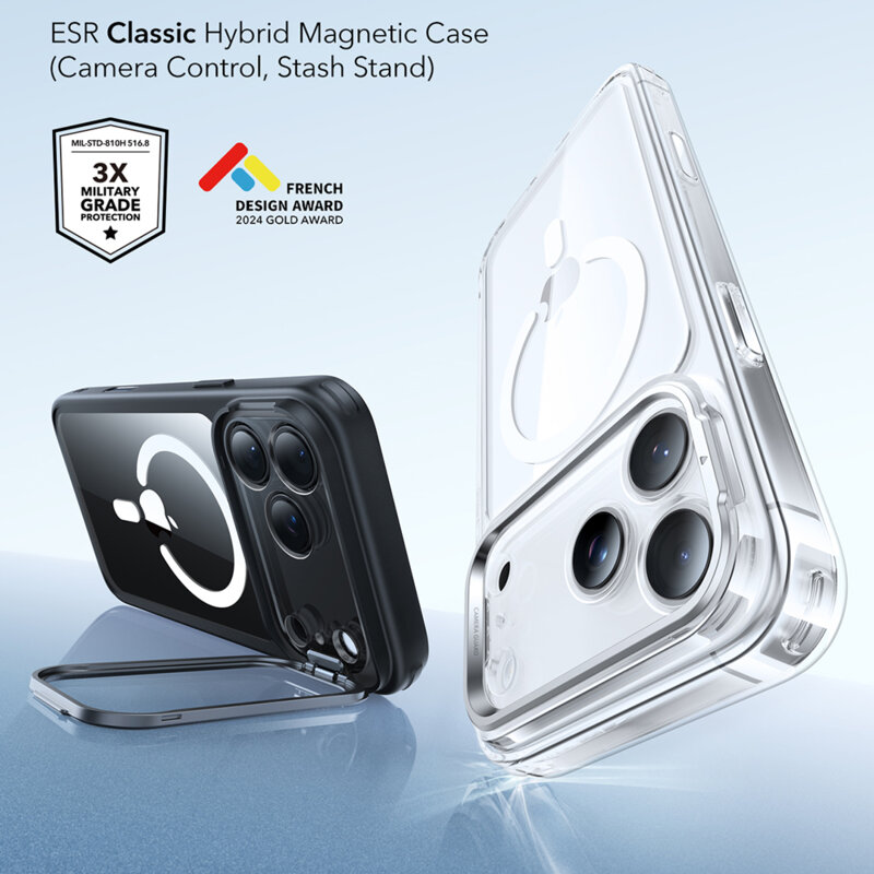 Husa iPhone 17 Pro ESR Classic Hybrid HaloLock Kickstand, negru/transparenta