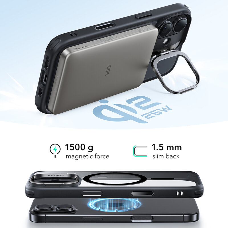 Husa iPhone 17 ESR Classic Hybrid HaloLock Kickstand, negru/transparenta