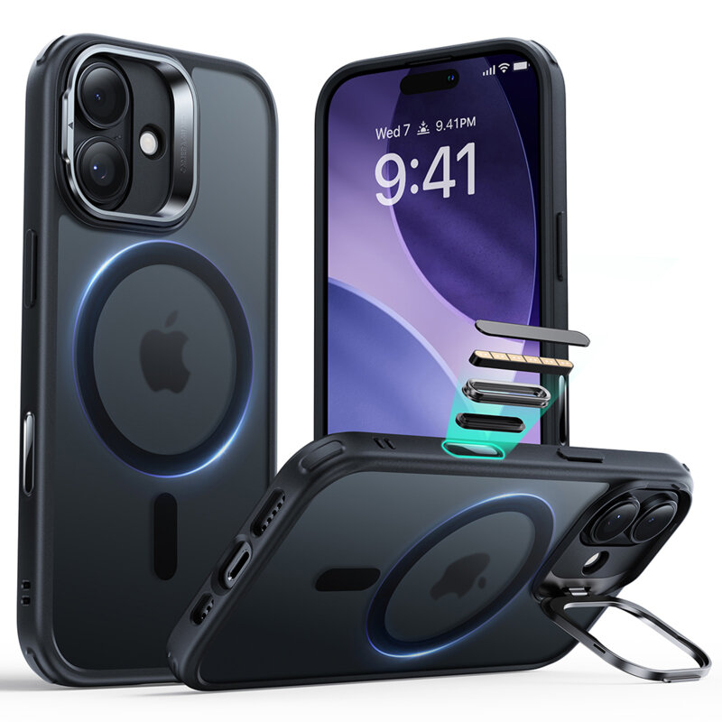 Husa iPhone 17 ESR Classic Hybrid HaloLock Kickstand, negru frost