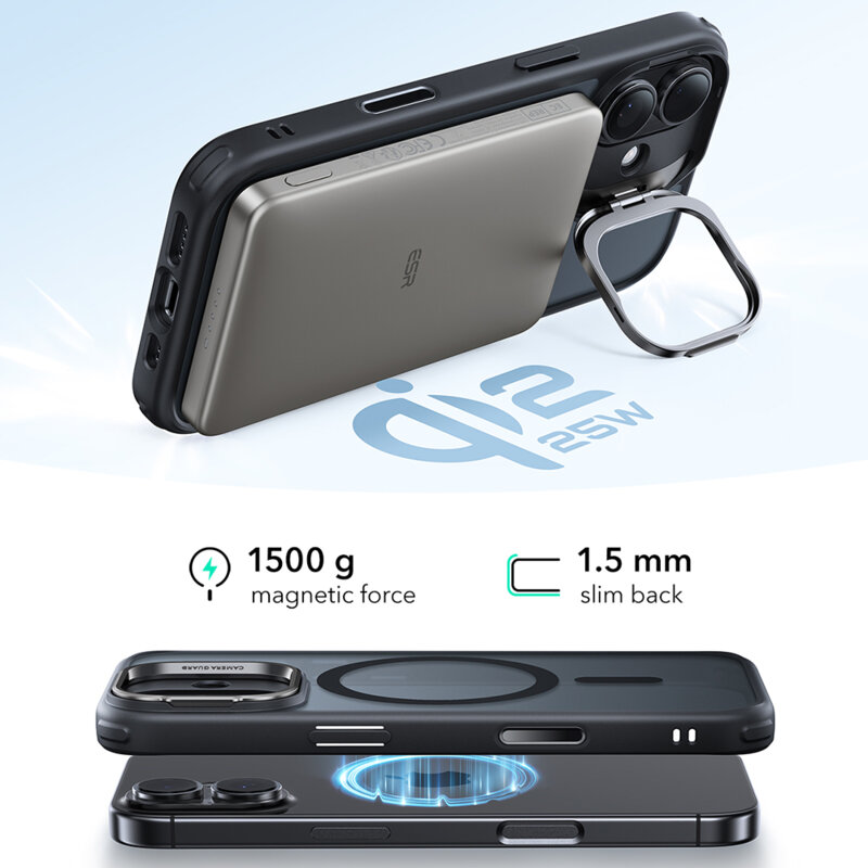 Husa iPhone 17 ESR Classic Hybrid HaloLock Kickstand, negru frost