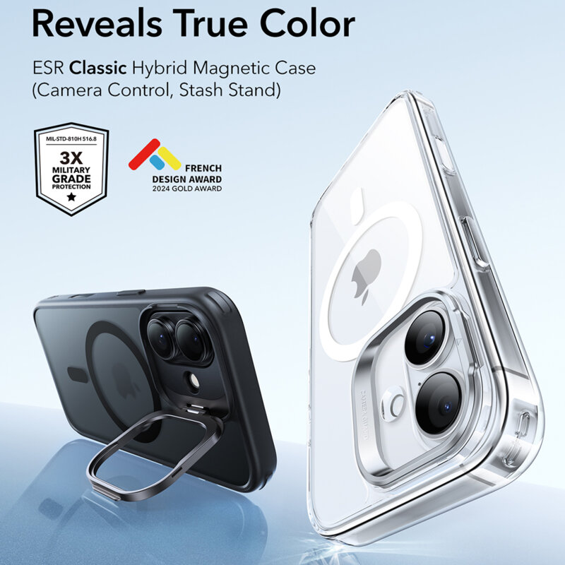 Husa iPhone 17 ESR Classic Hybrid HaloLock Kickstand, negru frost