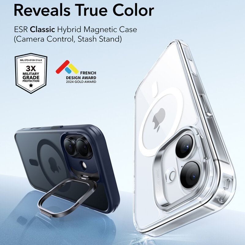 Husa iPhone 17 ESR Classic Hybrid HaloLock Kickstand, bleu
