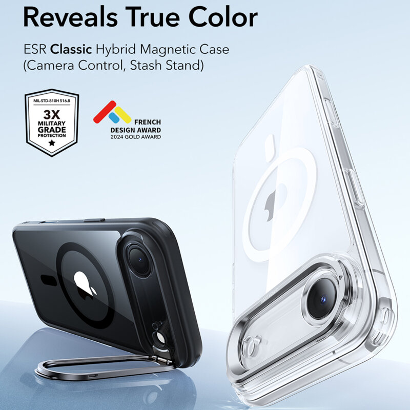 Husa iPhone 17 Air ESR Classic Hybrid HaloLock Kickstand, negru/transparenta