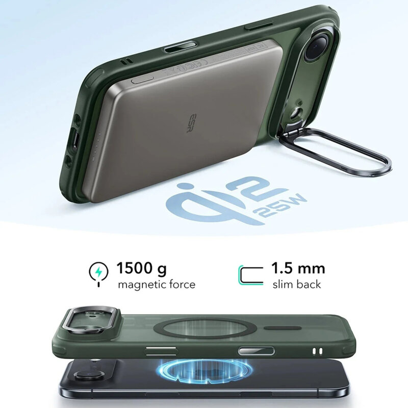 Husa iPhone 17 Air ESR Classic Hybrid HaloLock Kickstand, verde