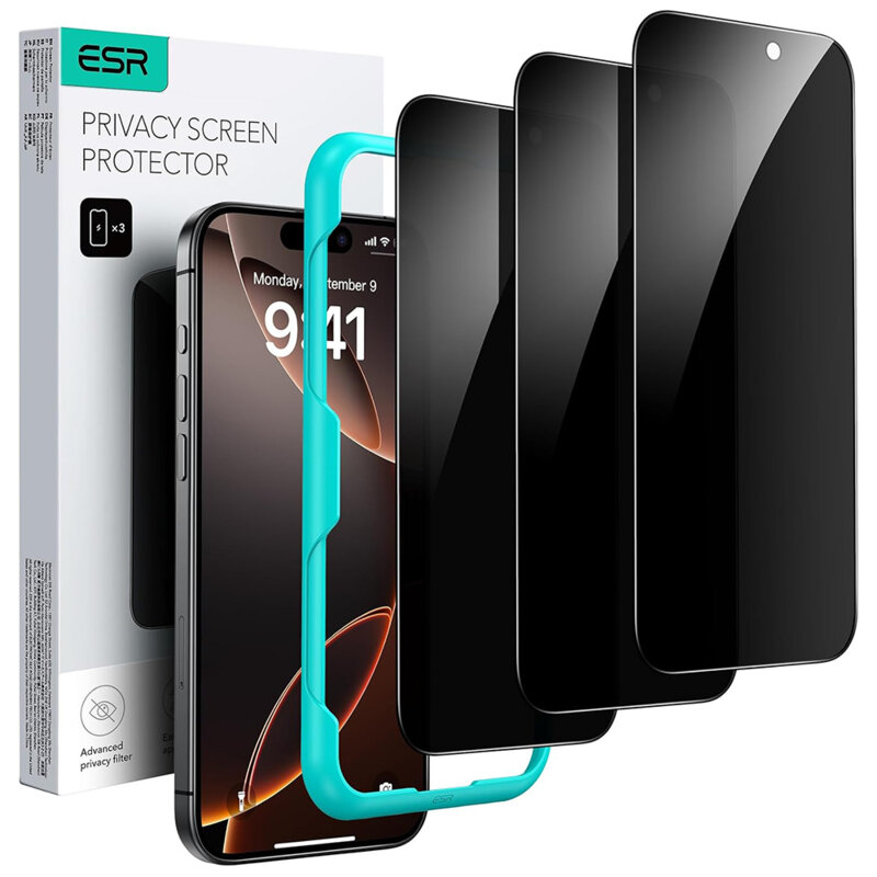 [Pachet 3x] Folie sticla iPhone 17 Pro ESR Privacy Tempered Glass, negru