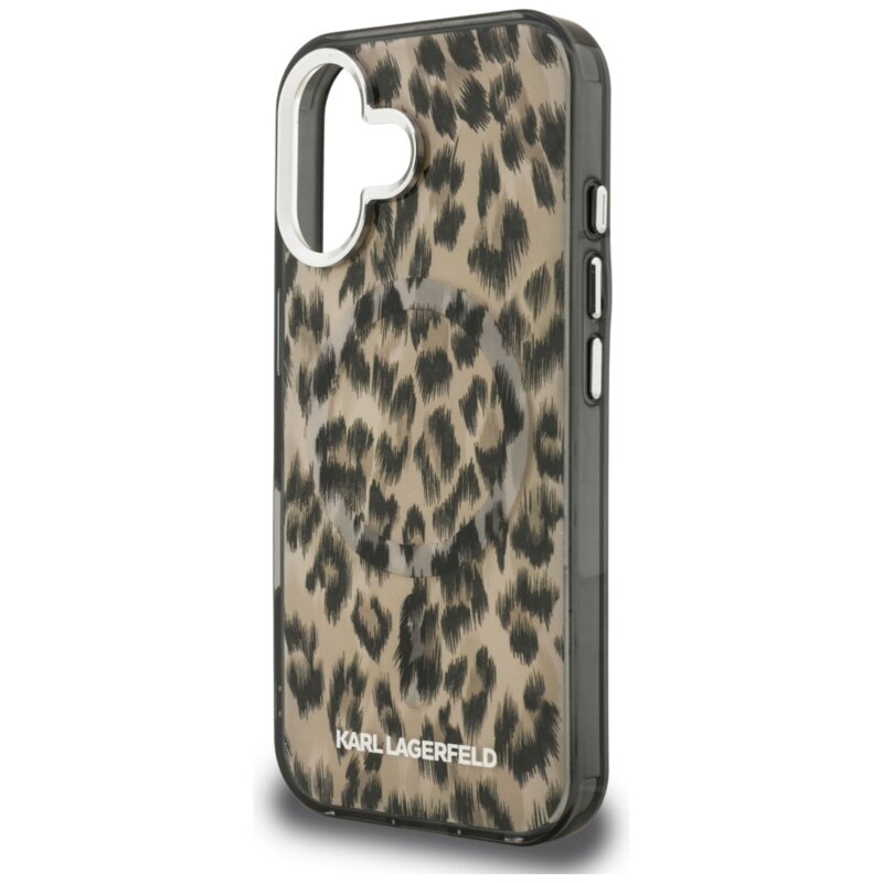 Husa iPhone 16 Karl Lagerfeld IML Leopard Pattern MagSafe, maro, KLHMP16SHDLEOICW