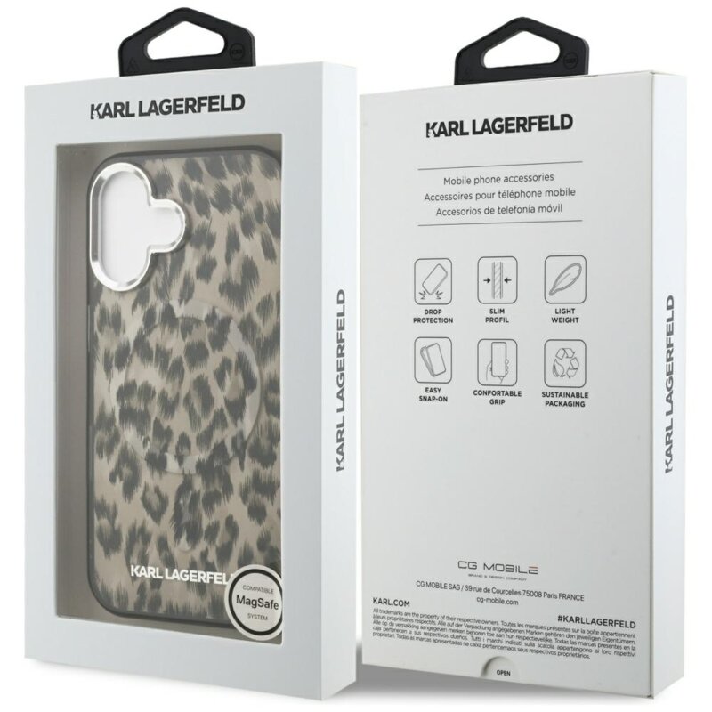 Husa iPhone 16 Karl Lagerfeld IML Leopard Pattern MagSafe, maro, KLHMP16SHDLEOICW