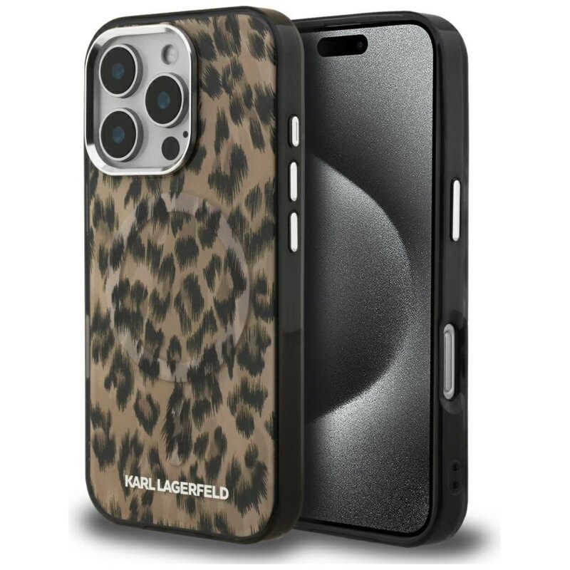 Husa iPhone 16 Pro Karl Lagerfeld IML Leopard Pattern MagSafe, maro, KLHMP16LHDLEOICW