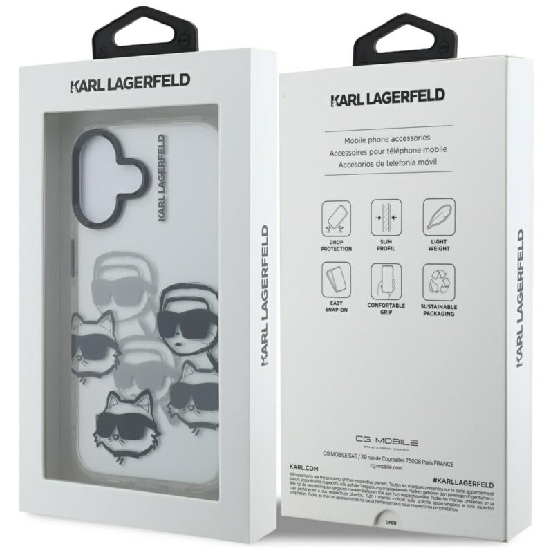 Husa iPhone 16 Karl Lagerfeld IML Luxury Multi Head Pattern, transparent, KLHCP16SHMCHKCT