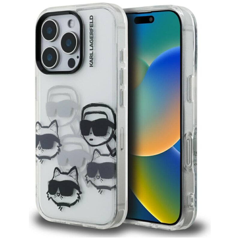 Husa iPhone 16 Pro Max Karl Lagerfeld IML Luxury Multi Head Pattern, transparent, KLHCP16XHMCHKCT