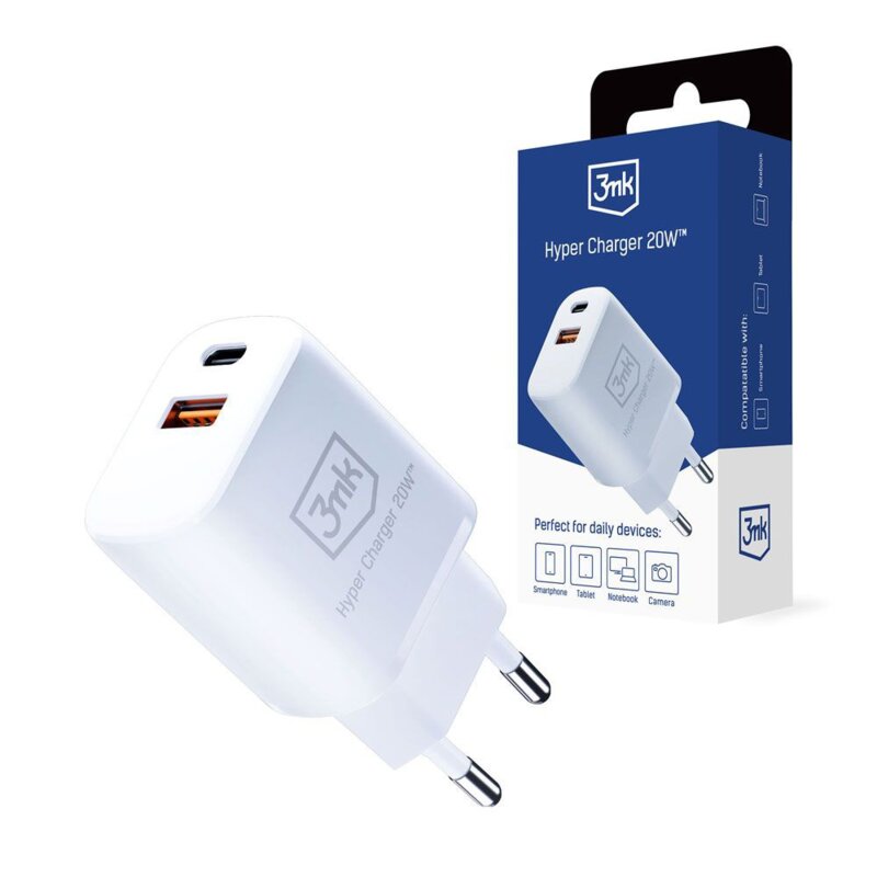 Incarcator priza USB-C + USB-A 20W, 3mk Hyper, alb