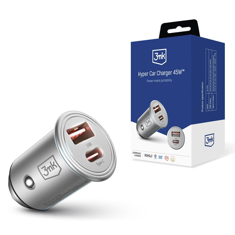 Incarcator auto universal USB-C/USB-A 45W, 3mk Hyper, argintiu