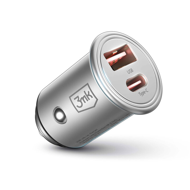 Incarcator auto universal USB-C/USB-A 45W, 3mk Hyper, argintiu
