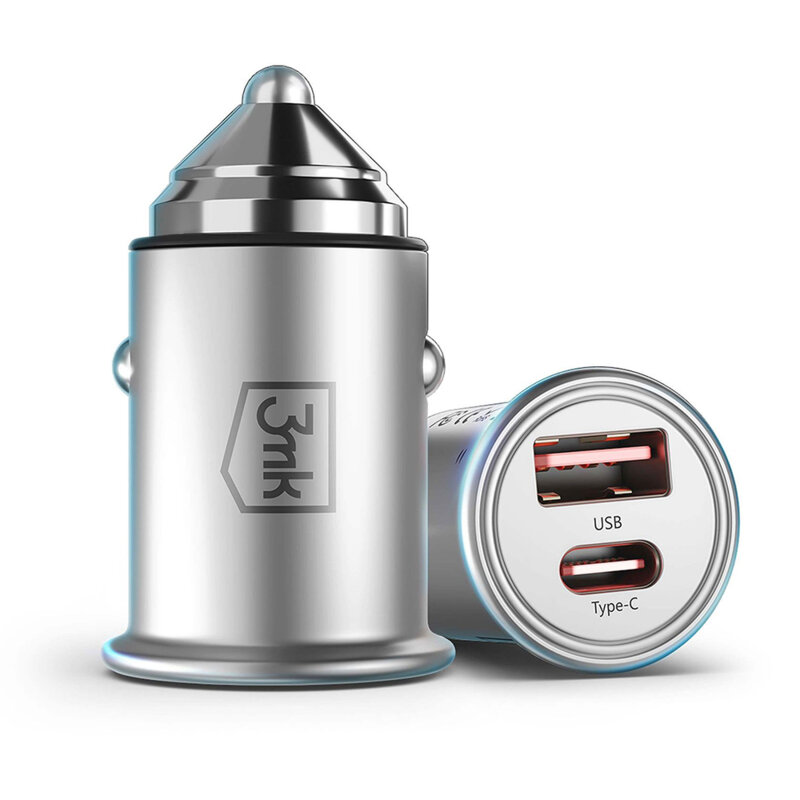 Incarcator auto universal USB-C/USB-A 45W, 3mk Hyper, argintiu