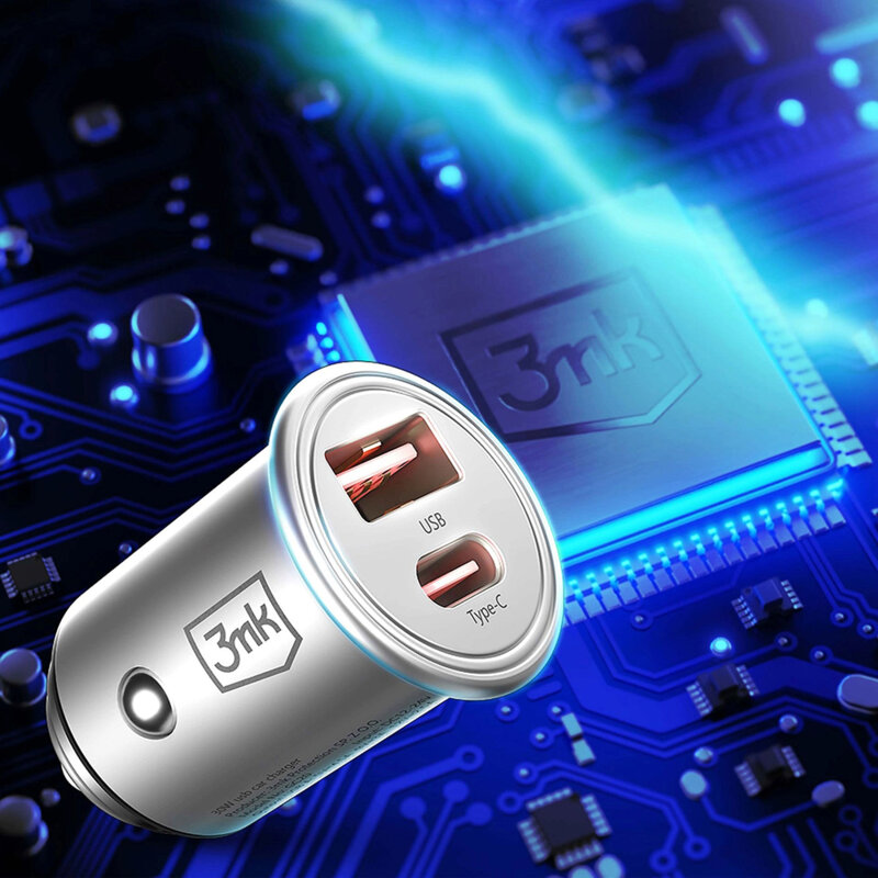 Incarcator auto universal USB-C/USB-A 45W, 3mk Hyper, argintiu