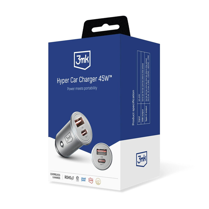 Incarcator auto universal USB-C/USB-A 45W, 3mk Hyper, argintiu