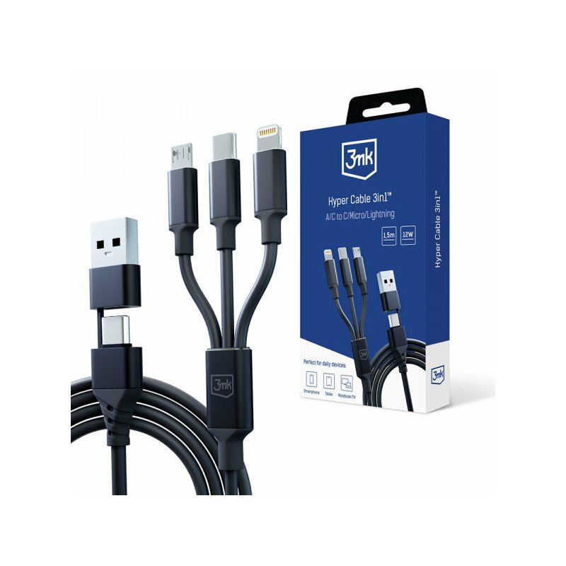 Cablu 3in1 USB-C/Micro-USB/Lighting 12W, 3mk Hyper, 1.5m