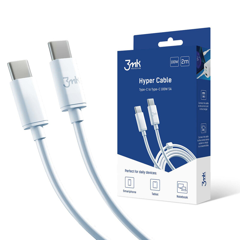 Cablu de date USB-C 100W, 3mk Hyper, alb, 2m