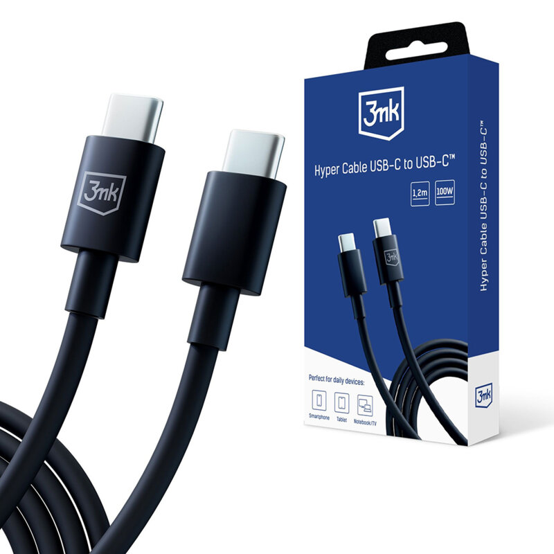 Cablu de date USB-C 100W, 3mk Hyper, negru, 1.2m