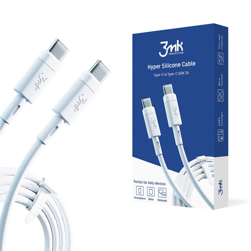 Cablu de date/incarcare USB-C 60W, 3mk Hyper Silicone, alb, 1m