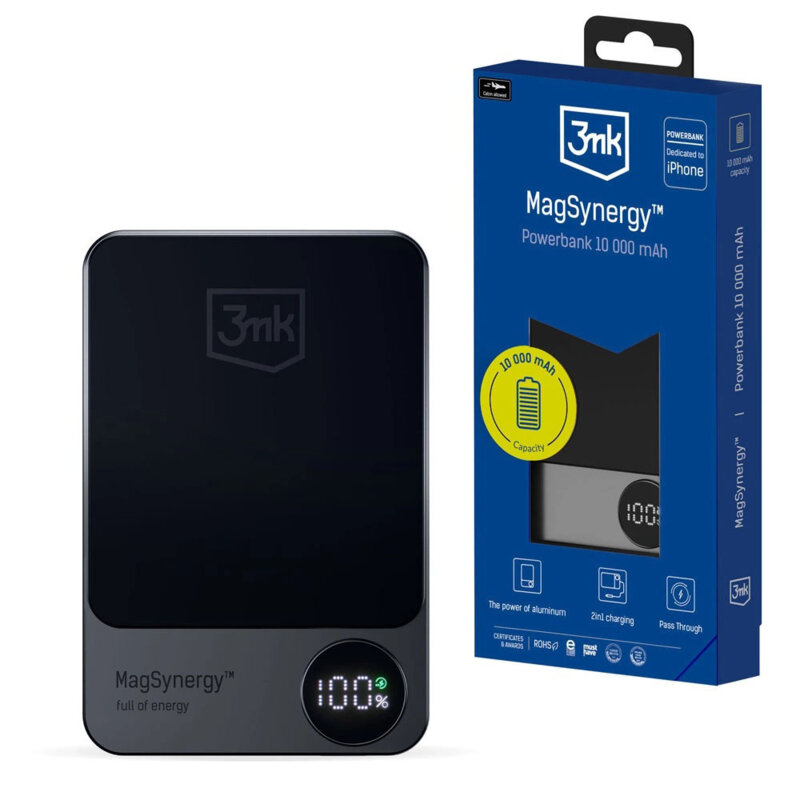 Power Bank 10000mAh cu afisaj digital, 3mk MagSynergy, gri