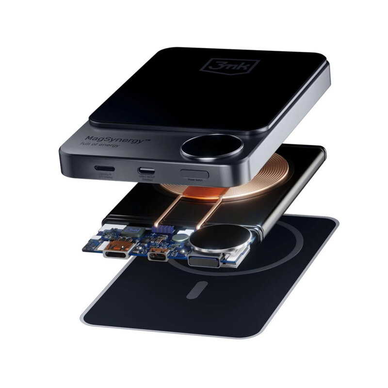 Power Bank 10000mAh cu afisaj digital, 3mk MagSynergy, gri