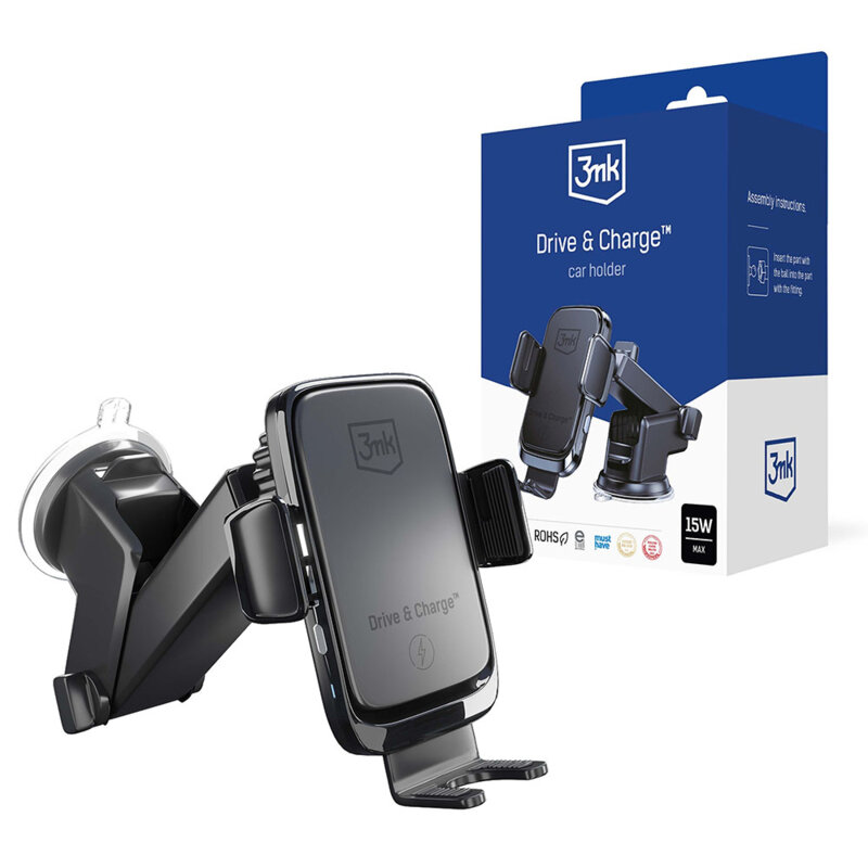 Suport auto wireless 15W, 3mk Drive & Charge, negru