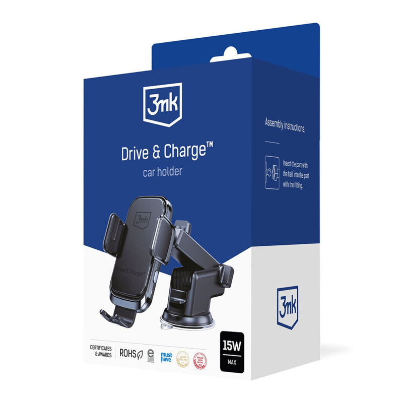 Suport auto wireless 15W, 3mk Drive & Charge, negru