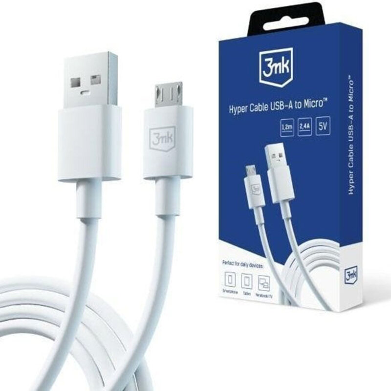 Cablu USB-A la micro-USB 2.4A, 3mk Hyper, alb, 1.2m