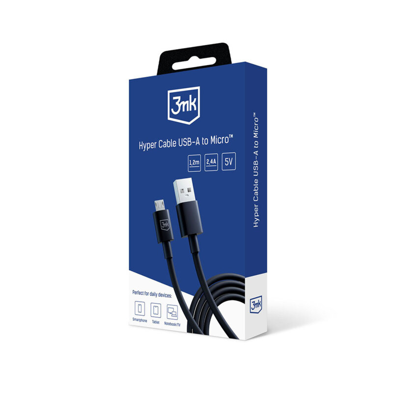 Cablu USB-A la micro-USB 2.4A, 3mk Hyper, negru, 1.2m