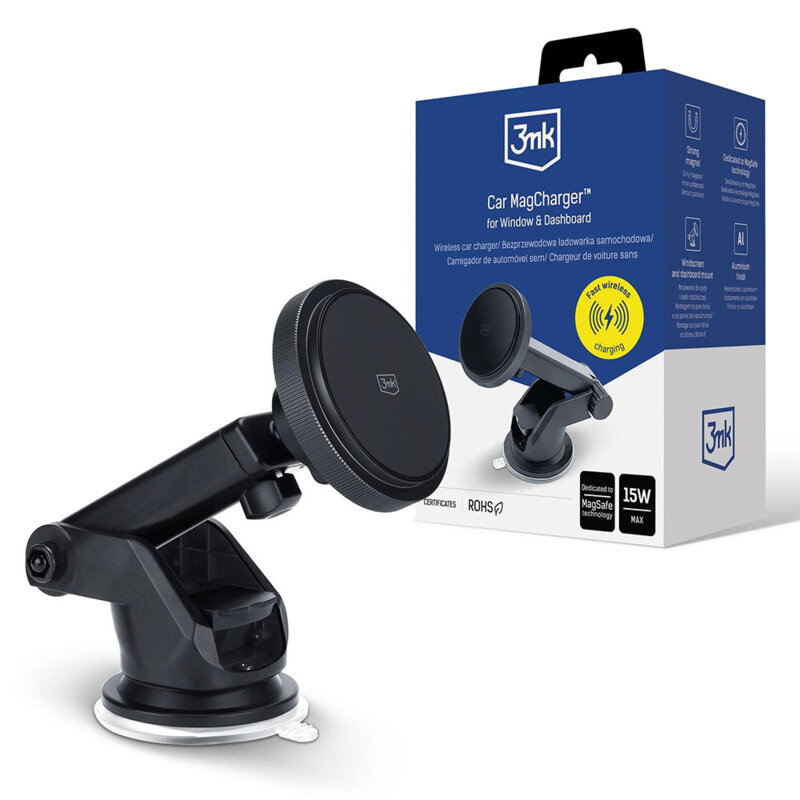 Suport auto cu incarcare wireless 15W, 3mk MagCharger, negru