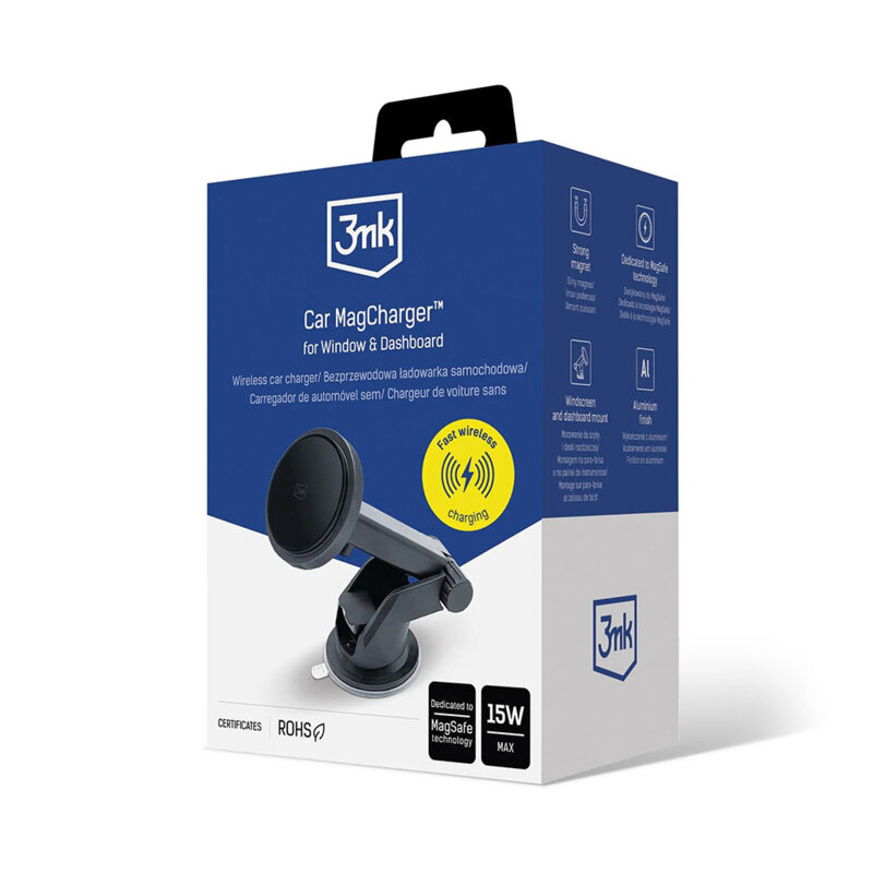 Suport auto cu incarcare wireless 15W, 3mk MagCharger, negru