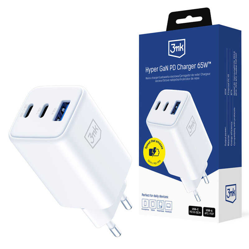 Incarcator priza USB-A/C GaN 65W, 3mk Hyper, alb