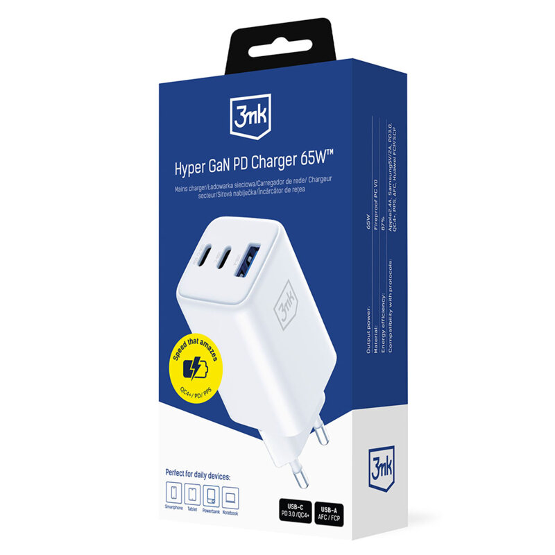 Incarcator priza USB-A/C GaN 65W, 3mk Hyper, alb