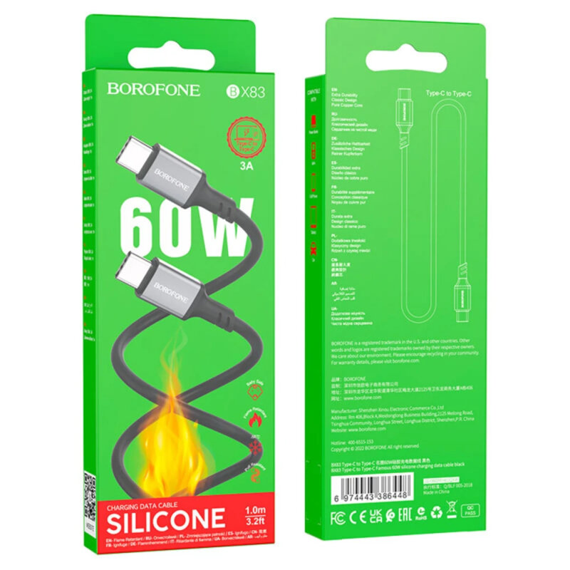 Cablu de date Type-C 60W, 1m Borofone Famous, negru, BX83