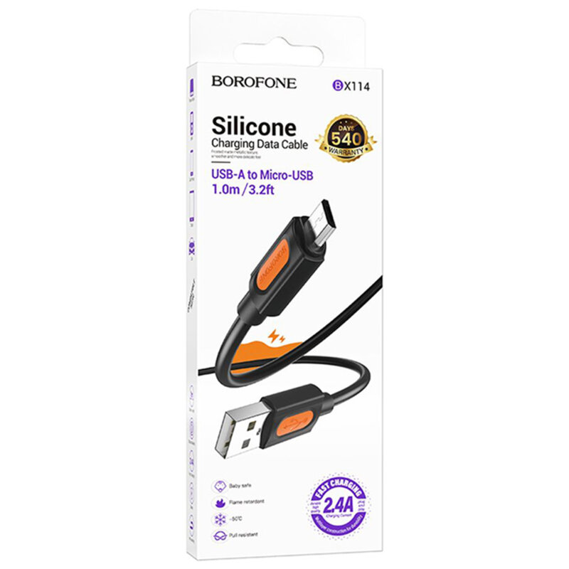 Cablu USB la Micro-USB, 1m Borofone Silicone, negru, BX114