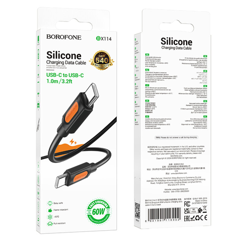 Cablu de incarcare tip C, 60W, 1m Borofone Silicone, negru, BX114