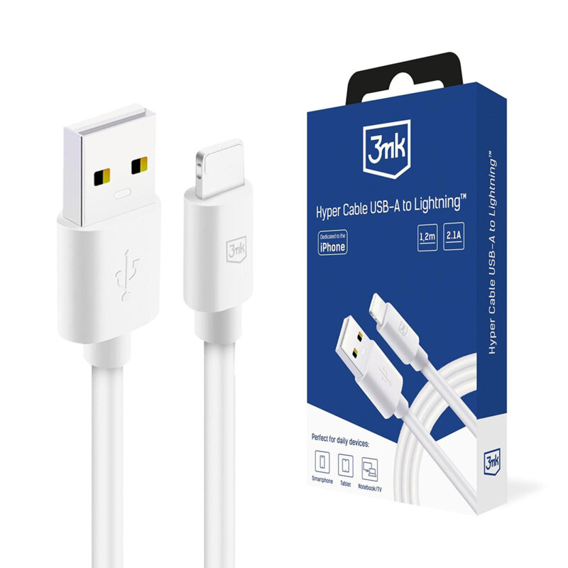 Cablu de date Lightning la USB-A 12W, 3mk Hyper, alb, 1.2m