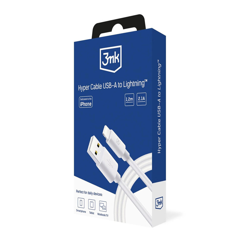 Cablu de date Lightning la USB-A 12W, 3mk Hyper, alb, 1.2m