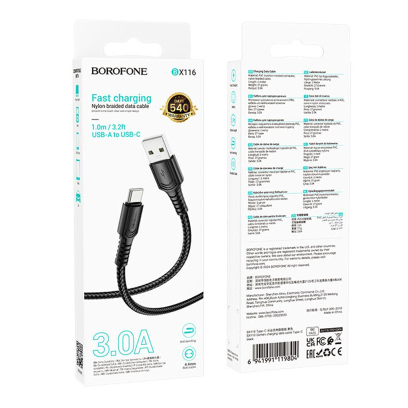 Cablu date USB - Type-C, 3A, 1m Borofone Certain, negru, BX116